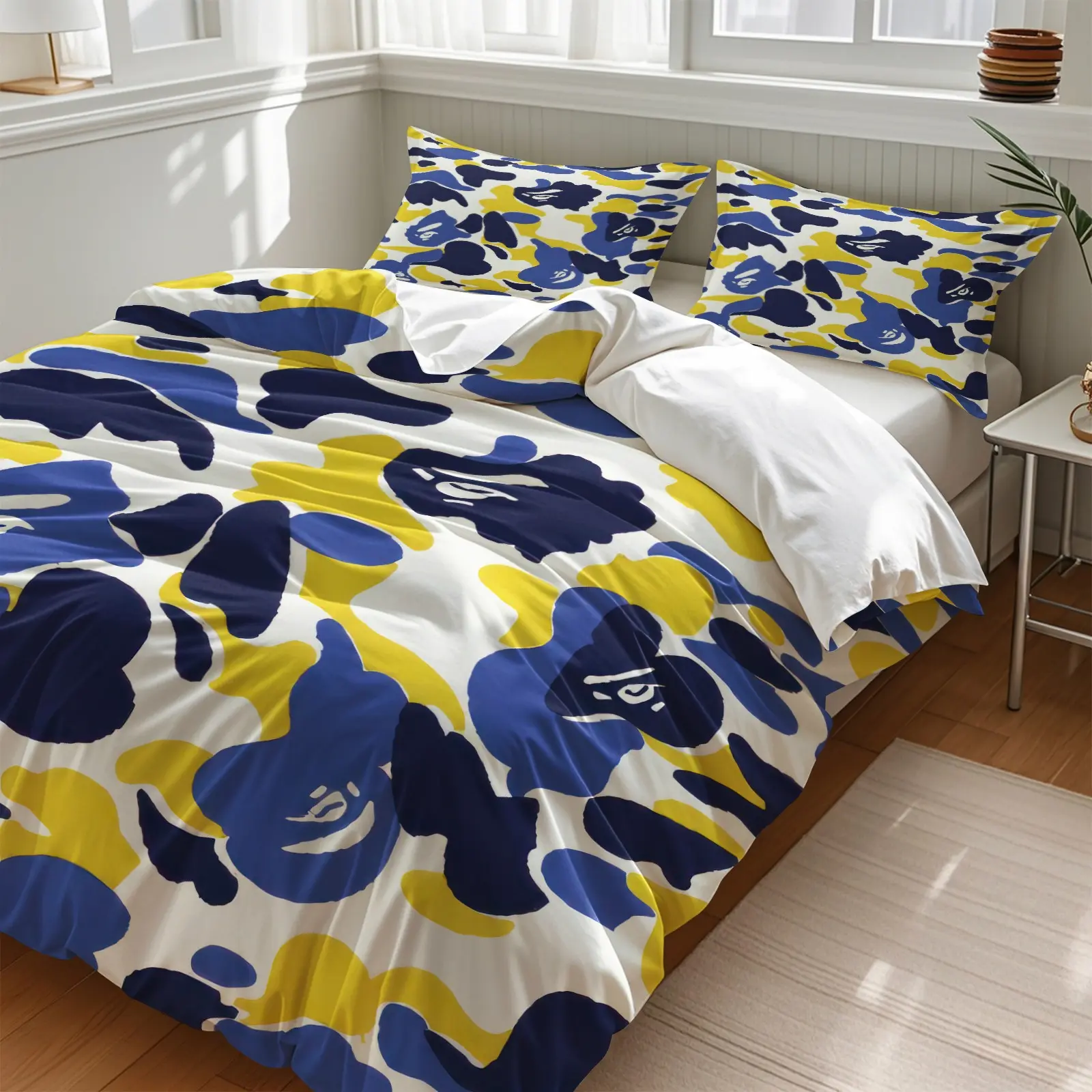 Streetwear Blue Yellow Camo Duvet Cover Set, Includes 1 Duvet Cover + 1/2 Pillowcases, Soft Skin-Friendly Durable All Season Bedding, Perfect For Teen Boys, Hip Hop & Trendy Bedroom Decor, Camouflage Bedding Set, Comfy Bed Sets