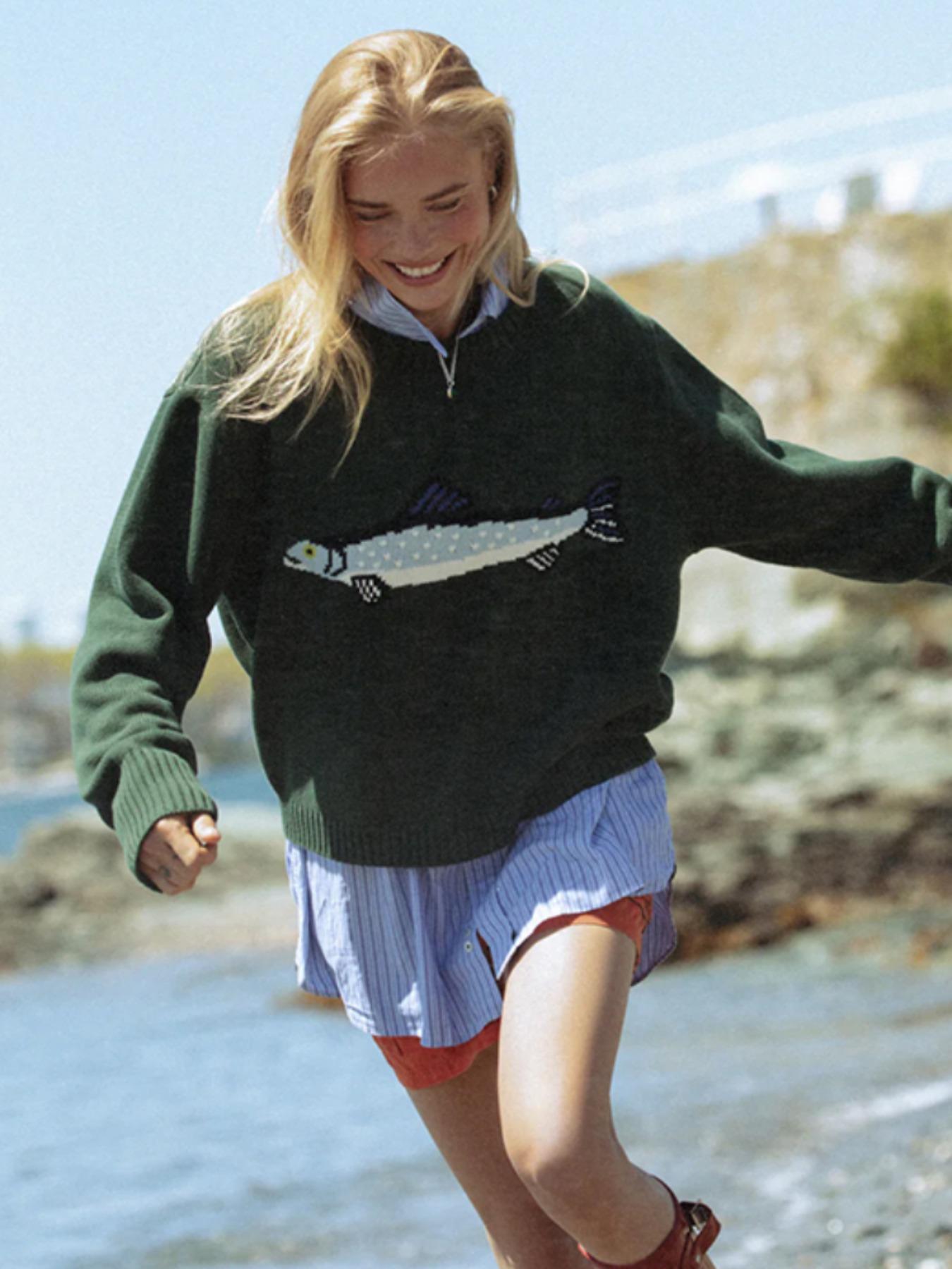 Women's Fashion Vintage Animal Print Round Neck Cropped Long Sleeve Pullover Sweater, Loose Fit Casual Knitwear for Fall & Winter Seasons