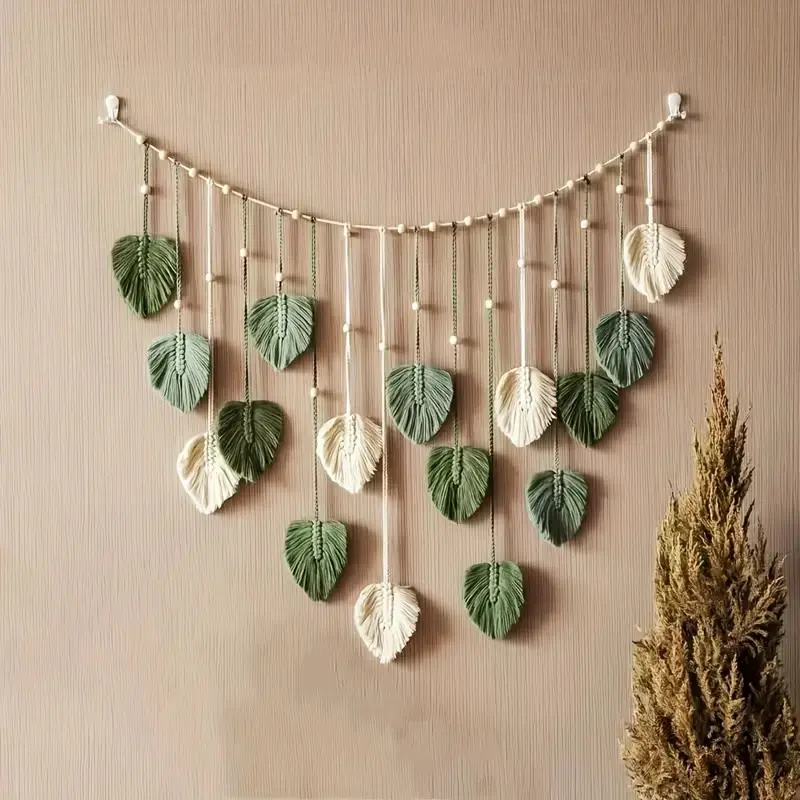 Bohemian Handmade Leaf Tapestry, Layered with Leaves and Bead Pendants, Decorative Wall Art, Home Wall Decoration, Hanging Home Decor, Wedding, Halloween, Christmas, New Year Gift