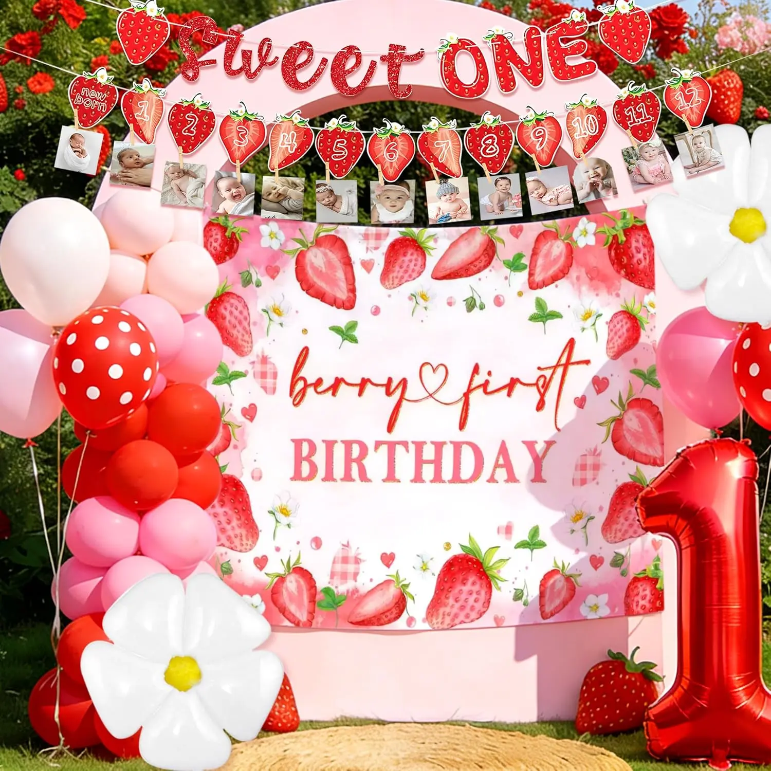 Berry First Birthday Decorations Strawberry 1st Birthday Photo Banner Party Decor Girls Strawberry Sweet One Backdrop Banner Berry Baby Shower Party Supplies banners