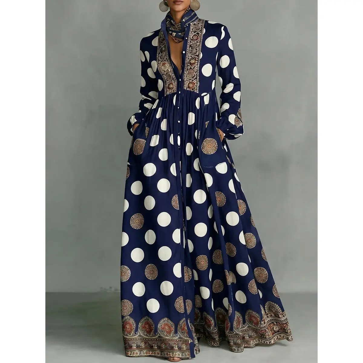 Ethnic Print Polka Dot Maxi Shirt Dress Women Stand Collar Long Sleeve High Waist Pleated Side Pocket Split Hem Flowy Floor Dress Bohemian Beach Resort Vacation Outfit Loose Casual Travel Long Gown (Ladies with C - Cup and Above Need To Order One Size Up)