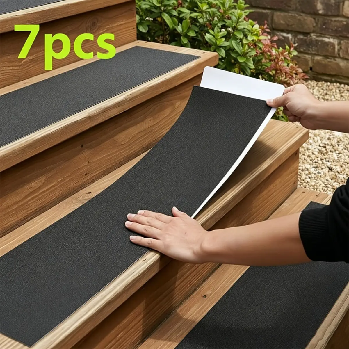 7 Pieces Outdoor Stair Treads Non Slip Anti Slip Strips Tape Waterproof Heavy Duty Self Adhesive Safety Grip Tape Protectors for Wooden Steps Walkway Porch Patio Exterior Stairs Steps Floor Protection Strips Black Sheet