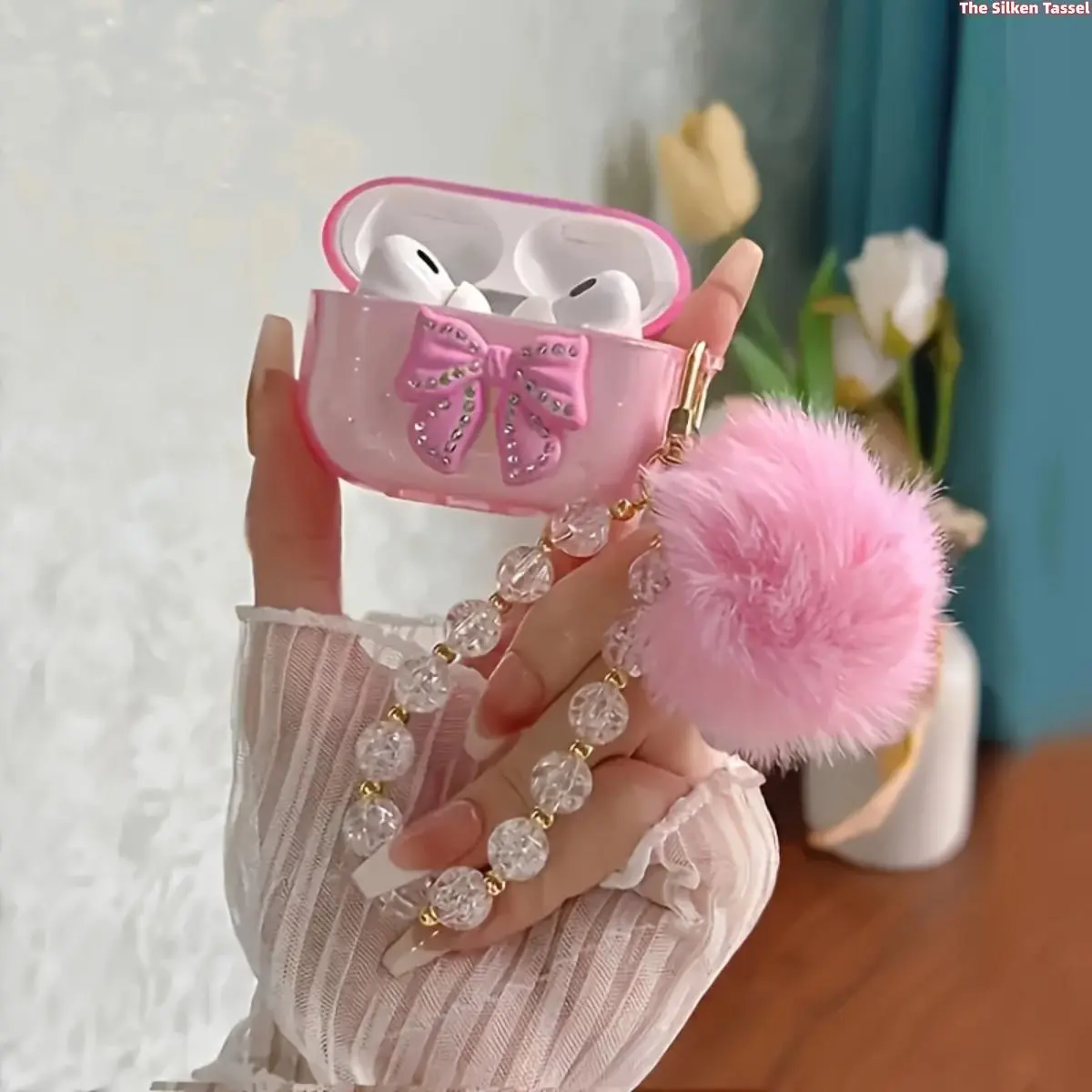 Pink Glitter Earbud Case with Rhinestone Bow Decor, Soft TPU Wireless Earphone Protective Cover, Clear Crystal Bead Chain with Fluffy Pom Pom Keychain, Shockproof Cute Kawaii Headphone Accessory Gift for Girls tiktokshopbacktoschool