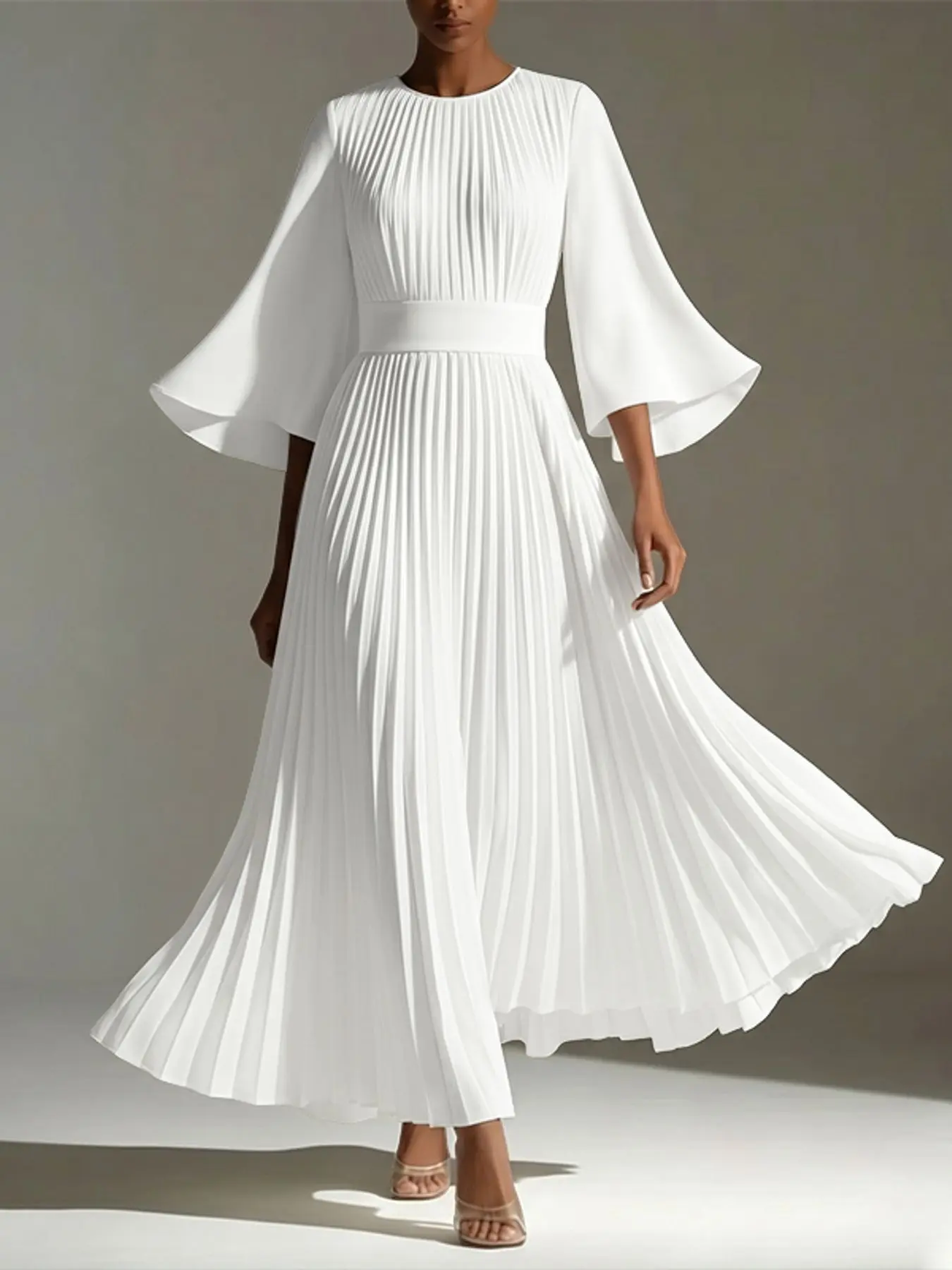 Women's Round Neck 3/4 Sleeve Pleated Dress with Belt, Casual Spring & Fall Fashion, Daily Wear, Solid Color, Unlined