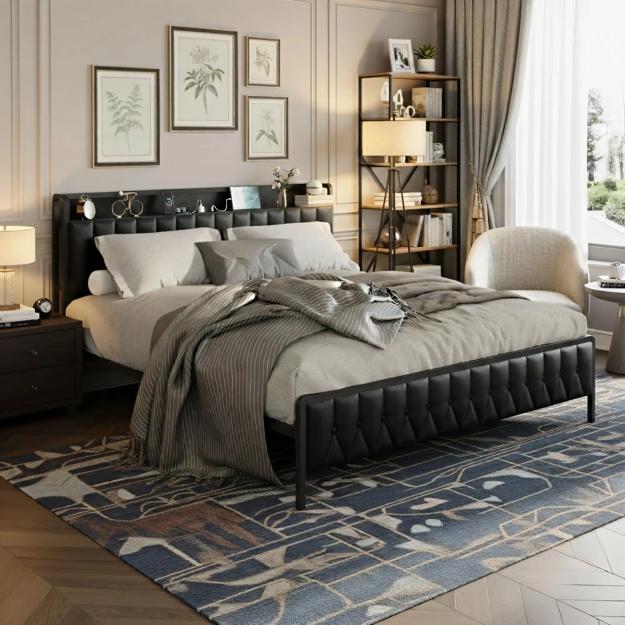 Garvee King Size Bed Frame with PU Faux Leather, Soft Headboard with Charging Station, Metal Platform Bed Frame with Storage, Noise-Free, No Box Spring Needed