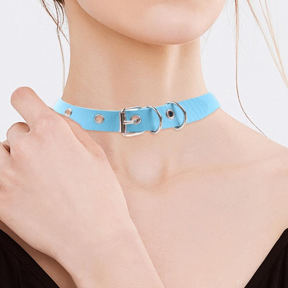 Women Necklace Faux Leather Vintage Punk Style Adjustable Solid Color Bukle Pin Neck Belt Party Club Choker Adult Jewelry