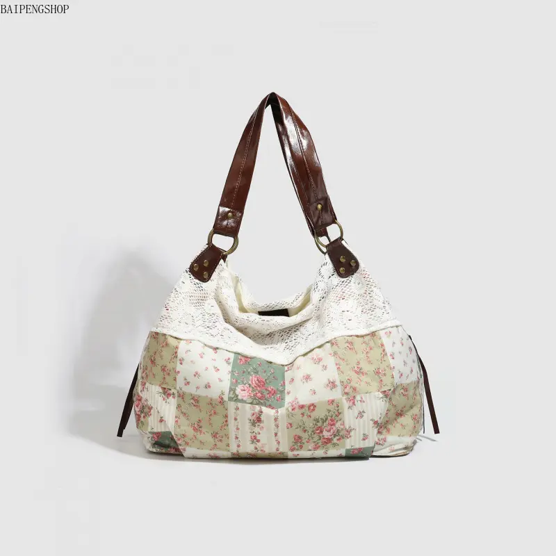 2026 Women's Vintage Fresh Artistic Floral Color Block Tote Bag, Lace Splicing Patterned Shoulder Bag, Elegant Niche Large-Capacity Embellished Handbag, Perfect for Daily Commuting and Outdoor Travel