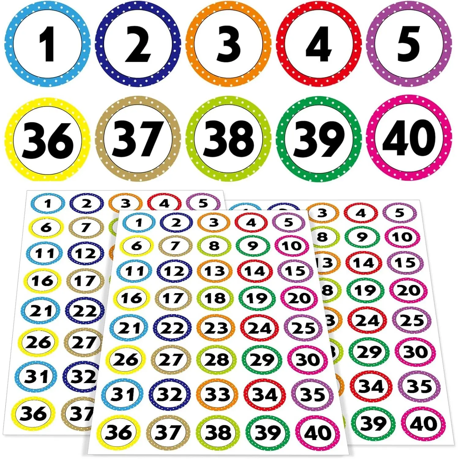 1-Inch Removable Number Stickers (1-40, 400 Total), 10 Polka Dot Sheets - Oil-Resistant Labeling Supplies for Storage Boxes, Cabinets, Office Organization