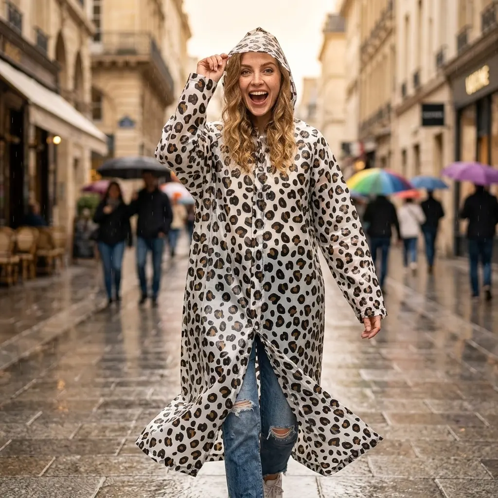 White Fashion Leopard Print Shawl Raincoat - EVA Material, Light & Portable, Adjustable Hood, 1-Piece Design, All-Season Sports Outerwear