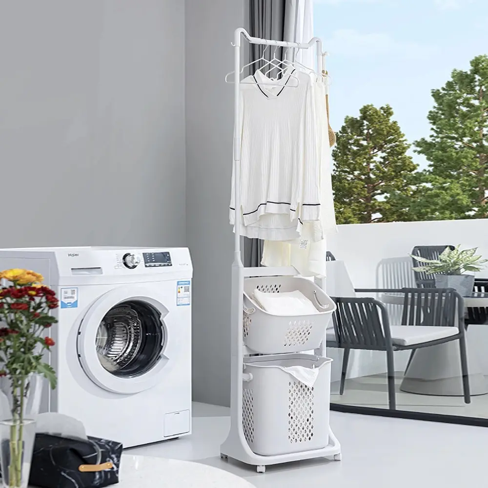 2 Tier Laundry Hamper Sorter with Hanging Rack, Rolling Laundry Basket Cart with Wheels, Removable Wash Baskets, Stackable Laundry Organizer Storage Cabinet, Clothes Sorting Hamper for Small Spaces, Dorm Room, Closet, Bathroom, Bedroom, Home Organization