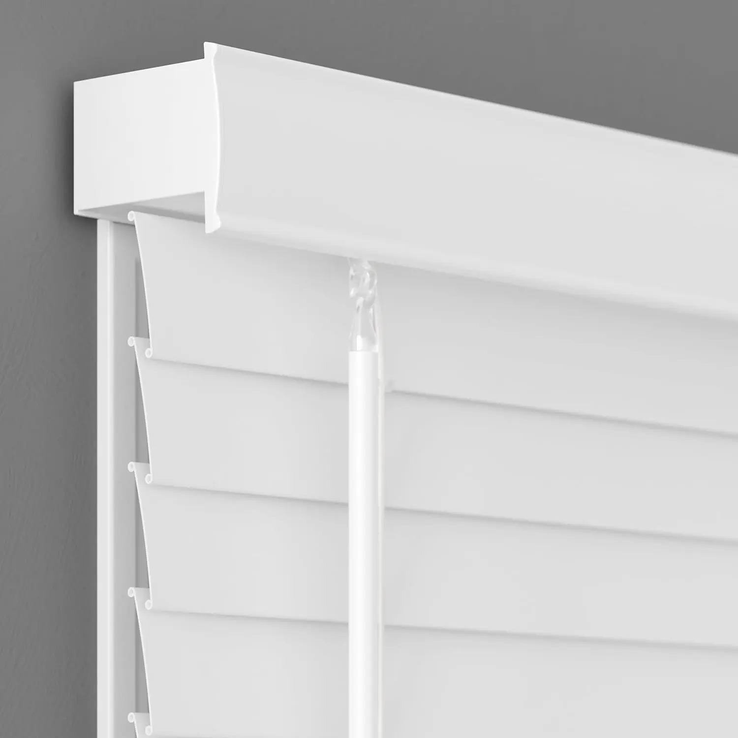 2" Flat Slat Faux Wood Blinds, 34" W x 60" L White, Cordless with Built-in Valence for Easy Installation, Custom Sizes Available