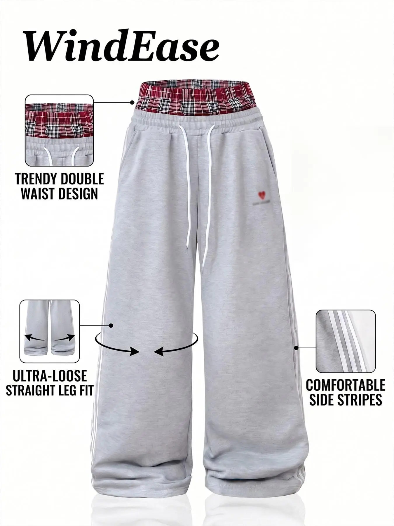 Men's Retro Fake Two-Piece Plaid Waistband Stripes Sweatpants, Y2K Oversized Wide-Leg Casual Pants