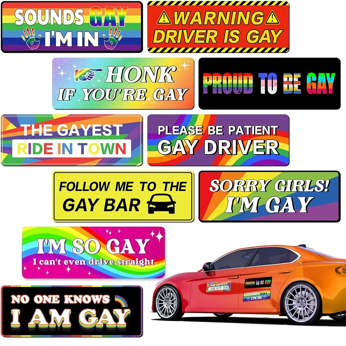 10-Pack Funny Gay Bumper Car Stickers, Stickers for Cars, Homosexual Self-Adhesive Car Decals for Prank; Waterproof, Durable, Sunproof, Fade-Resistant; Suitable for Car Bumpers, Body, etc.; Best Choice for Gay Car Sticker Enthusiasts