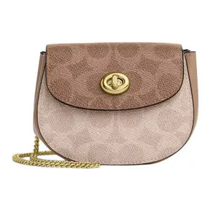 COACH Turnlock 12 Mini Crossbody Bag for Women – Metallic Gold and Sand-Coated Canvas