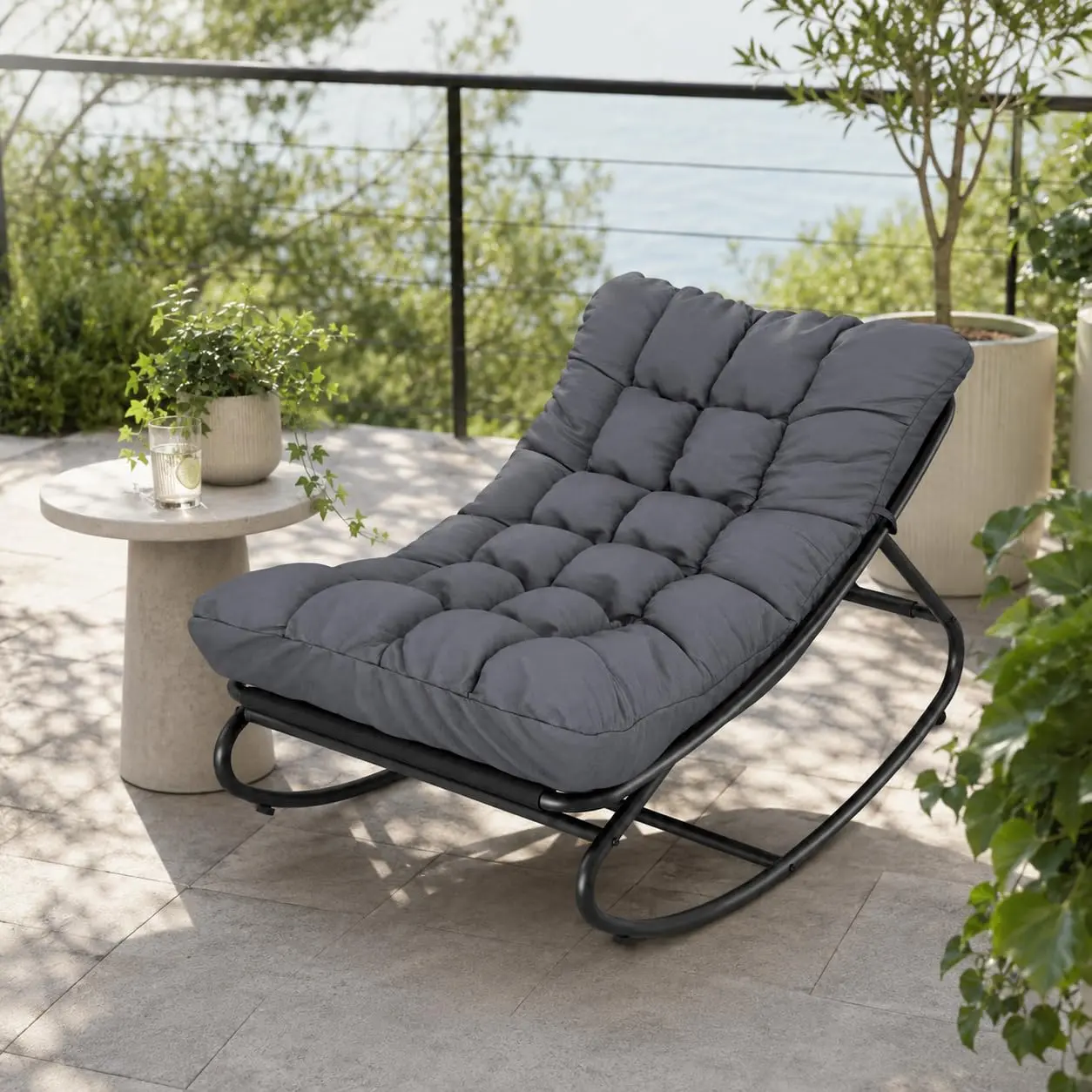GARVEE Oversized Foldable Outdoor Rocking Chair, 450 LBS Heavy Duty Metal Frame Patio Rocker, Weather Resistant Oxford Fabric Lounge Chair, Thick PP Cotton Removable Waterproof Cushion, Anti-Tip Non-Slip Pads for Backyard Patio Lawn Camping