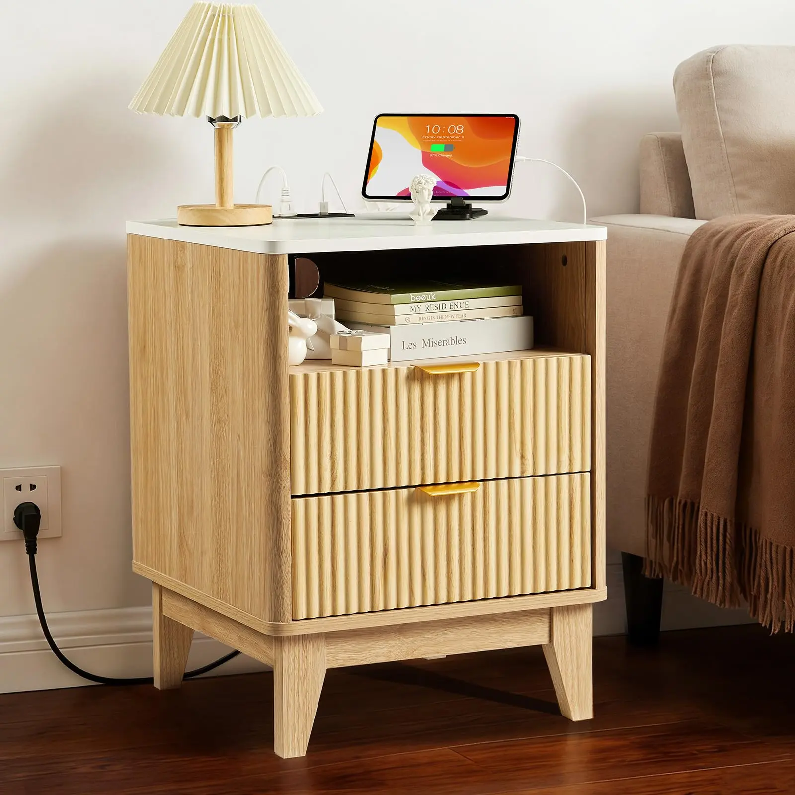 【IdealHouse】Modern Curved Nightstand with Charging Station, 18 Inch Small Bedside Table Featuring Faux Marble Top, 2 Drawer Oak Storage Night Stand for Bedroom and Living Room