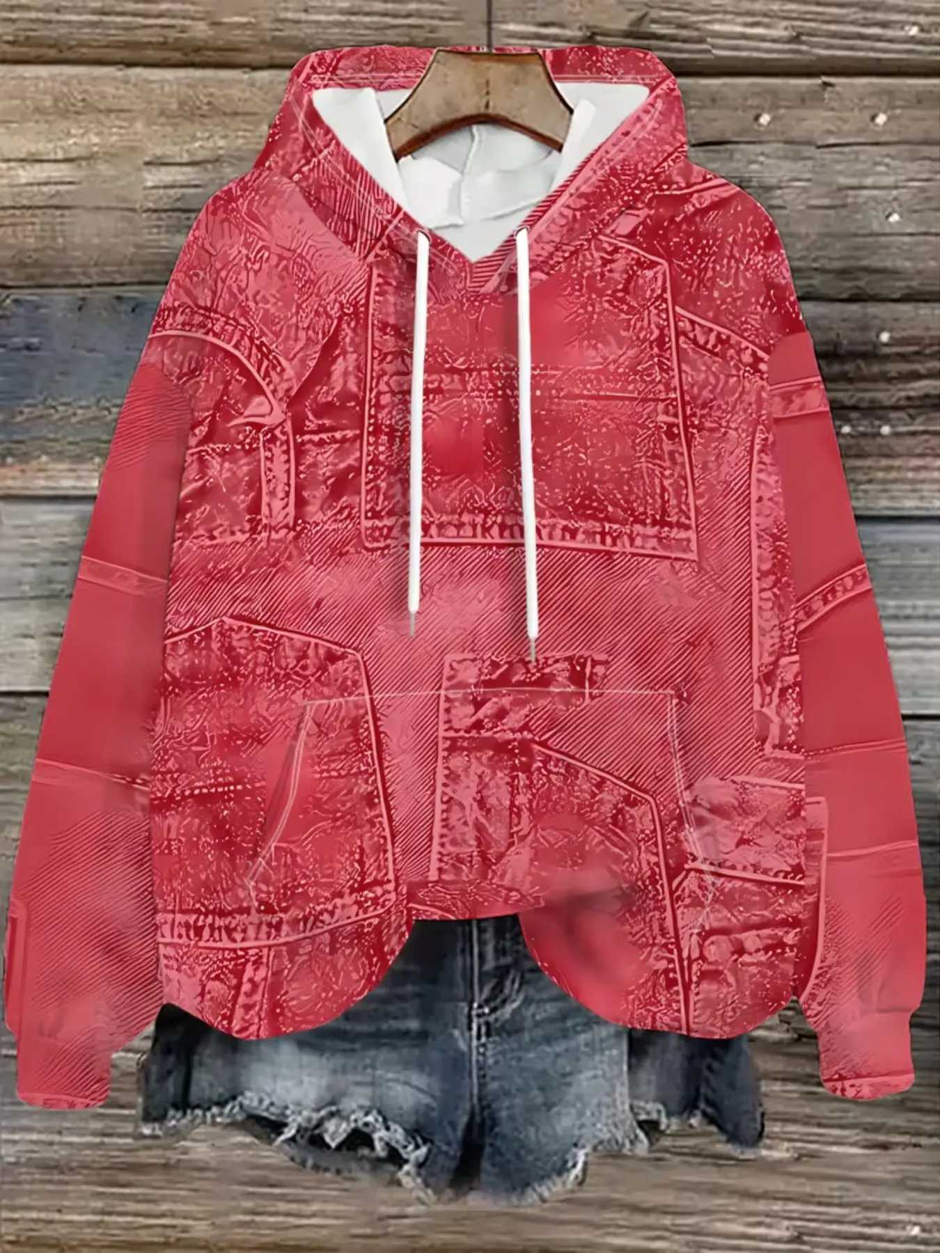 Women's Denim Patchwork Hooded Sweatshirt, Casual Long Sleeve Pullover, Comfortable Daily Wear, All Seasons Fashion