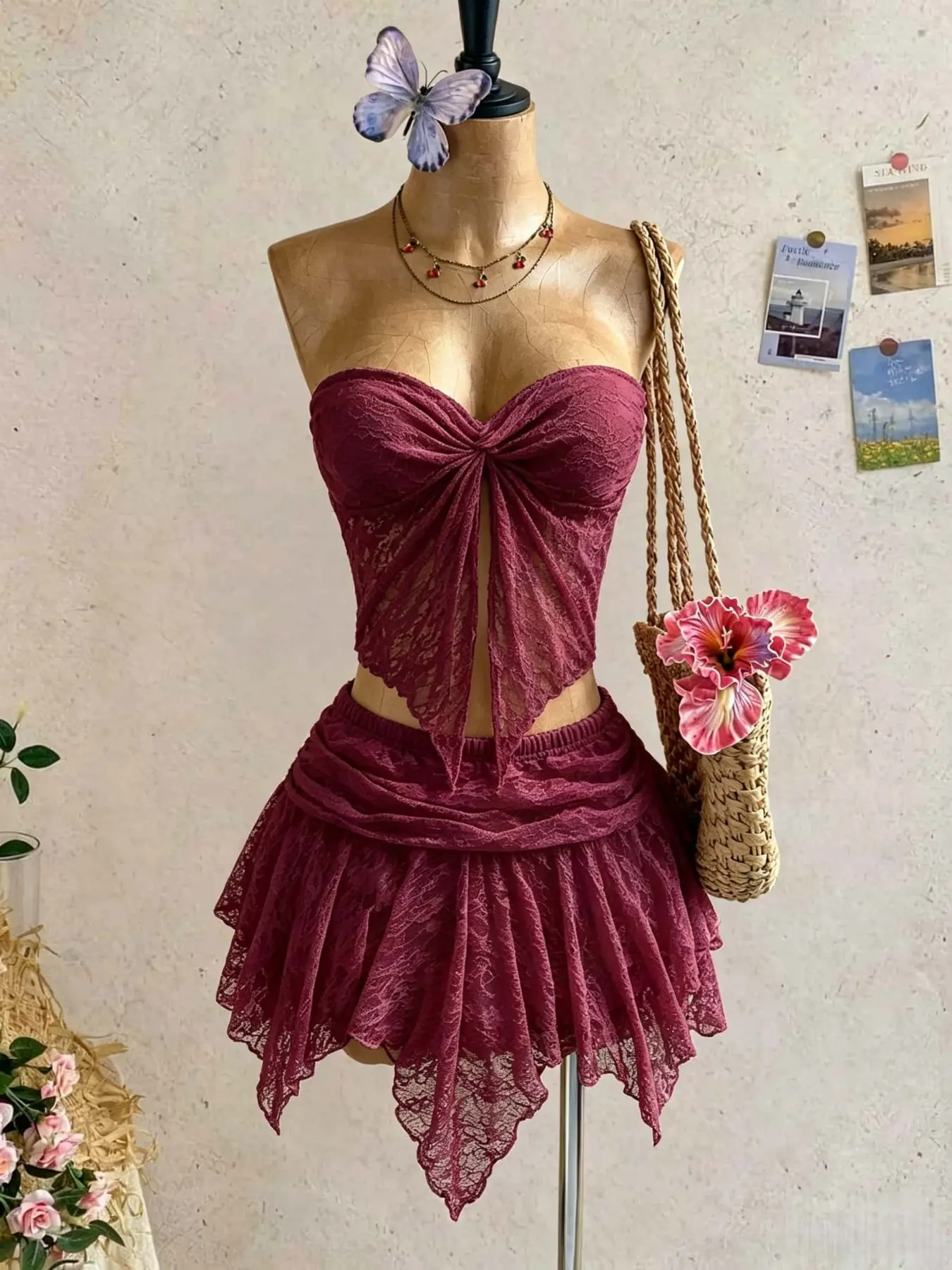 Lace Heart Halter Top Set for Women, Feminine Front Large Knot Hollow Out Split Top, Elastic Waist, Multi-Layer Irregular Ruffle Short Skirt Set