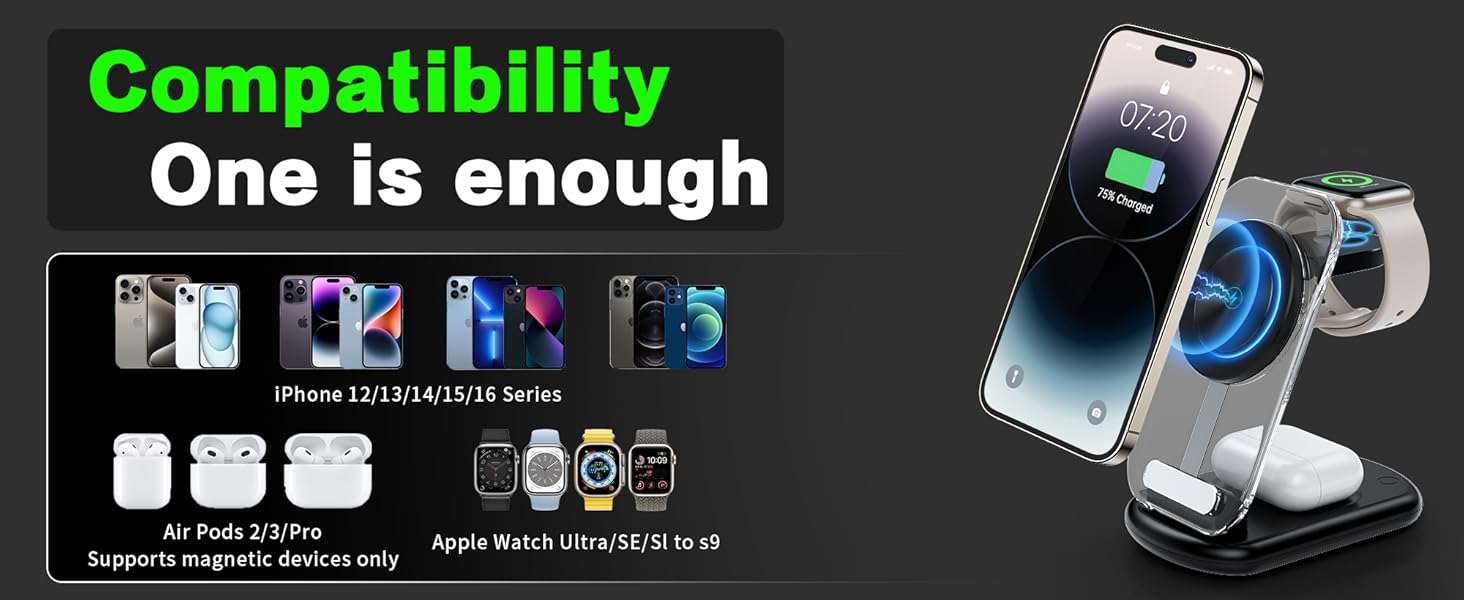 2026 Travel Wireless Fast Station,Magnetic 3 in 1 Charger with Light for iPhone16 15 14 13 12 Pro Max Plus,Watch Series & Air pods 4 3 2 Pro-Gifts for Wife & Husband(Pink)