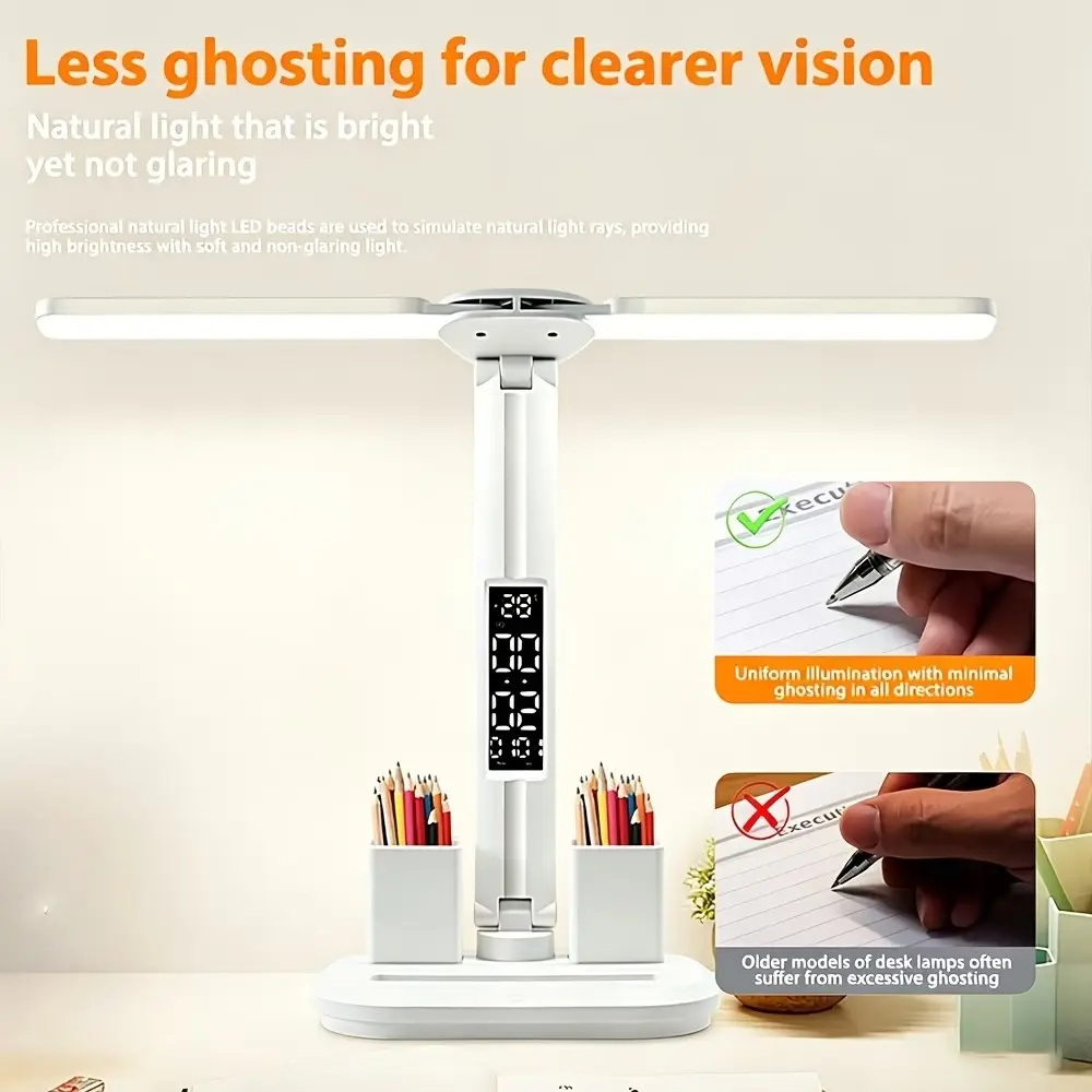 New Multifunctional Study Desk Lamp, Adjustable Touch Table Light with 3-Tone Dimming and Time Display, Pen Holder Included, Dimmable Desk Lamp