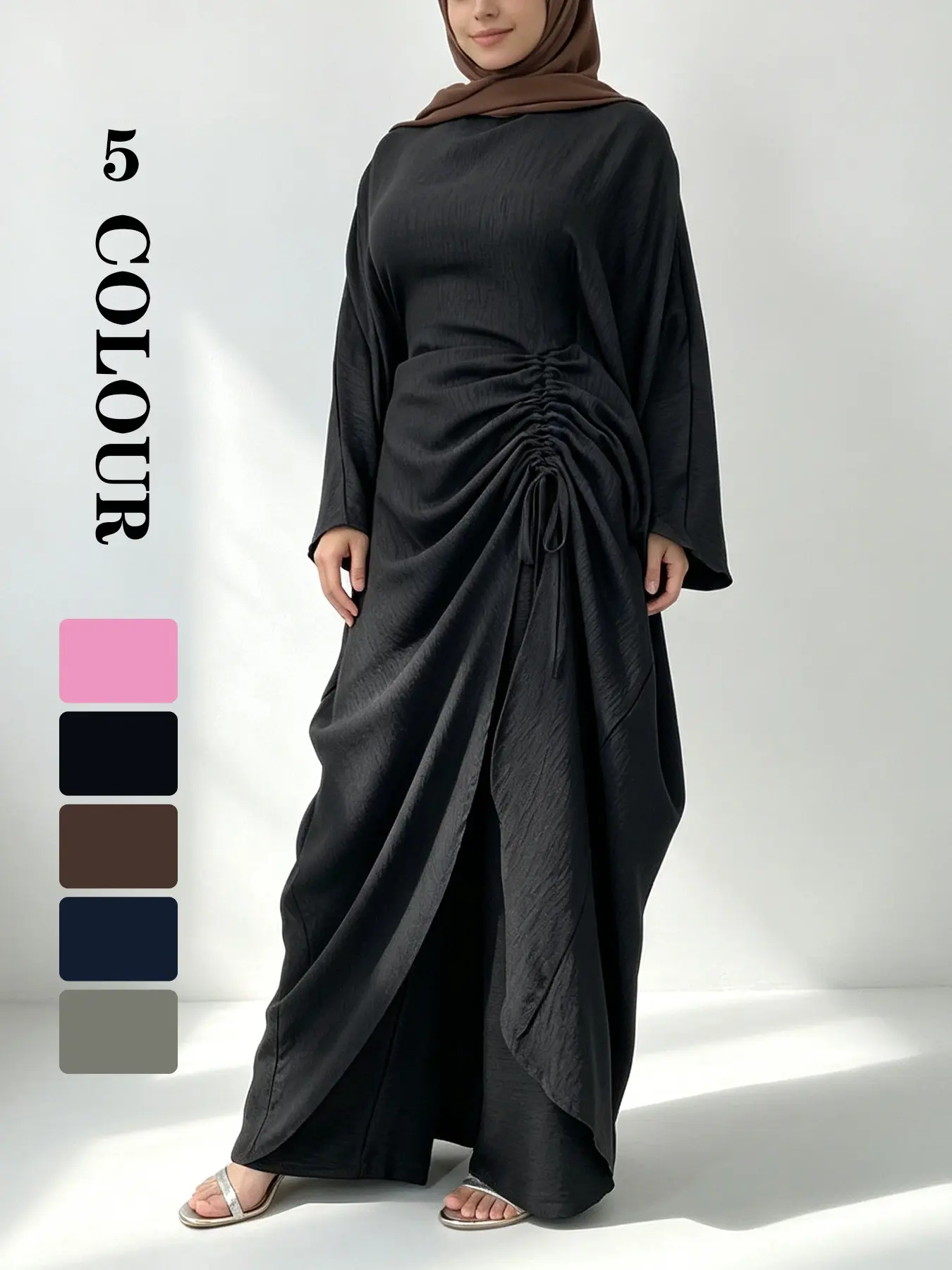Muslim Set, Batwing Sleeve Loose Top + Wide Leg Pants, Matching Set, Adjustable Drawstring, 5 Soft Colors, Breathable Wrinkle-Resistant 【Does not include hijab】