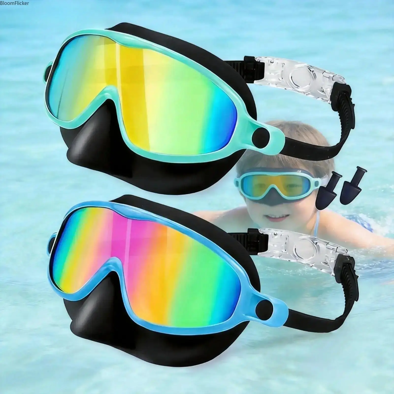 2 Pack Anti-Fog UV Protection Swim Goggles with Integrated Nose Cover, Leakproof Snorkel Diving Mask with Free Earplugs, Adjustable Strap Water Gear for Pool, Beach Trips & Snorkeling