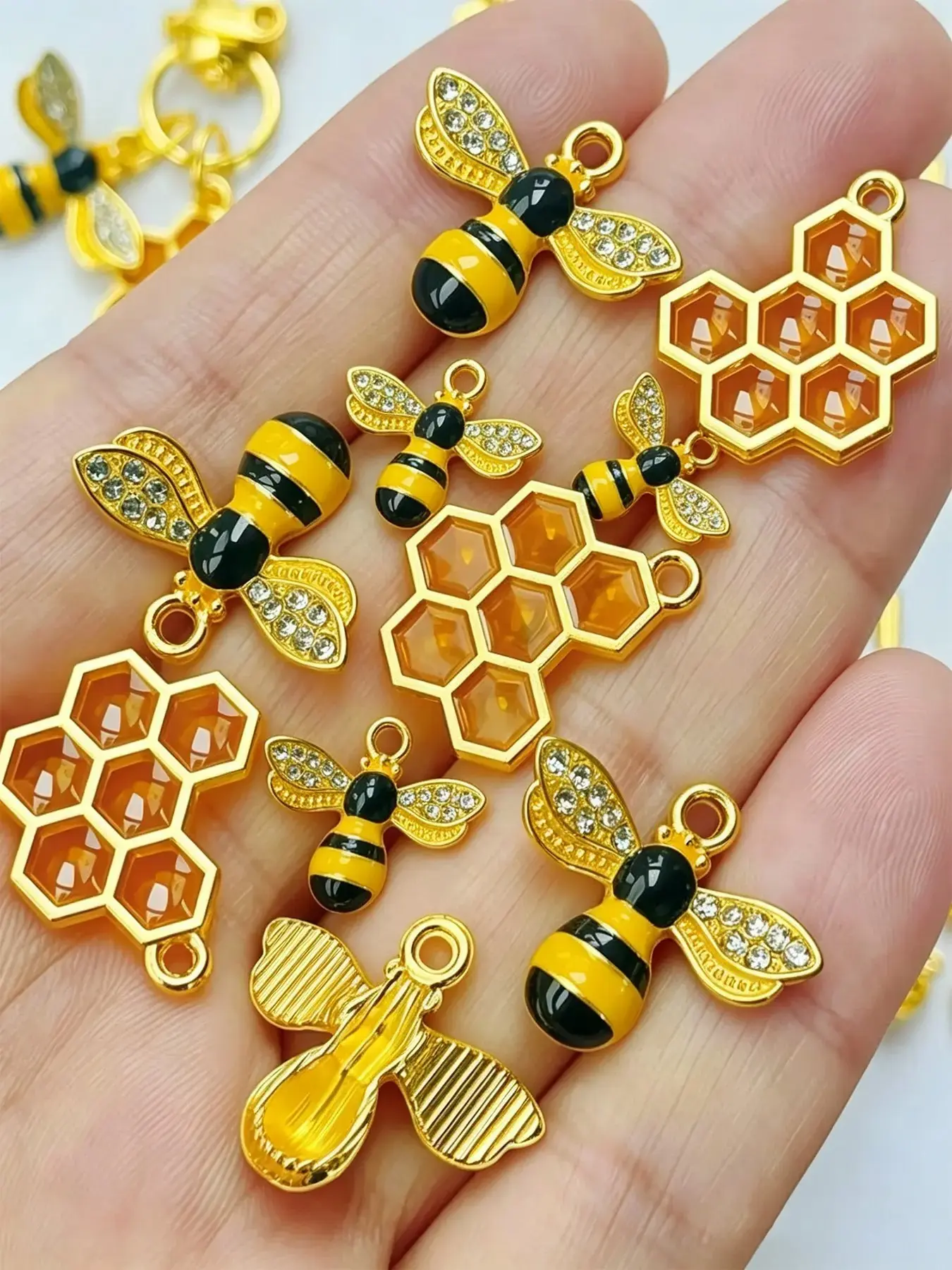 Bee & Honeycomb Alloy Charms, Dangle Charms, Enamel Rhinestone Insect Pendants for DIY Jewelry Making, Cute Gold Bee Craft Supplies for Bracelets Necklaces & Bag Charms, Lovely Craft Gift for Jewelry Makers