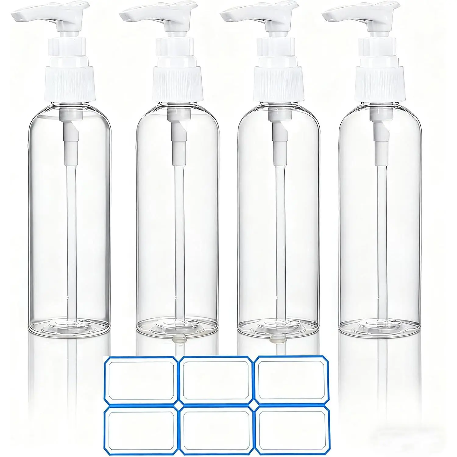 4 Pack 3.4 Oz (100ml) TSA Approved Travel Pump Bottles | Refillable Plastic Lotion Dispenser Leakproof Pump Bottle for Toiletries Clear Travel Size Bottles with Labels