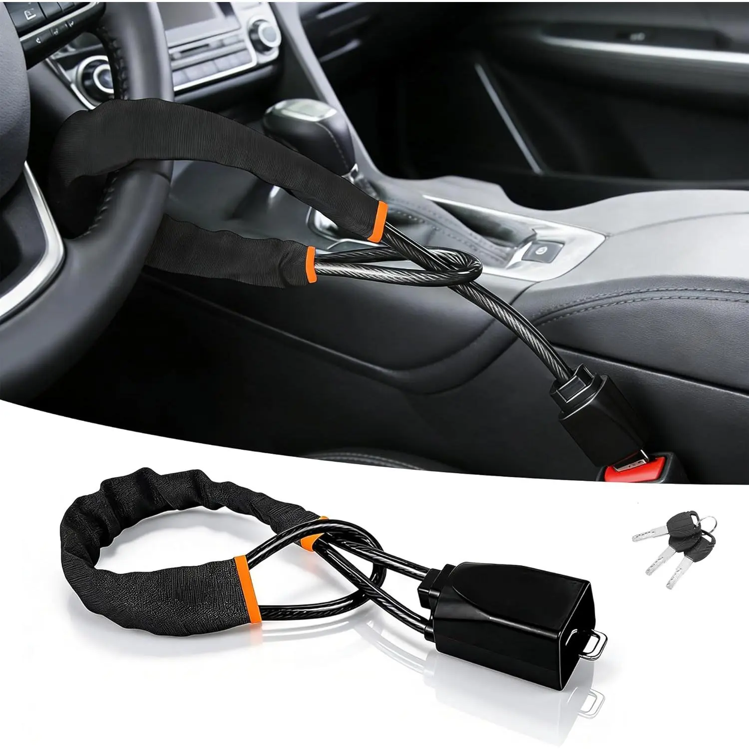 Car Steering Wheel Lock, Reliable Club Steering Wheel Lock Anti-Theft Device with 3 Keys, Max 17 Inch Length, s Most Vehicles, Trucks, SUVs, Vans, Golf Car Security Device - Black
