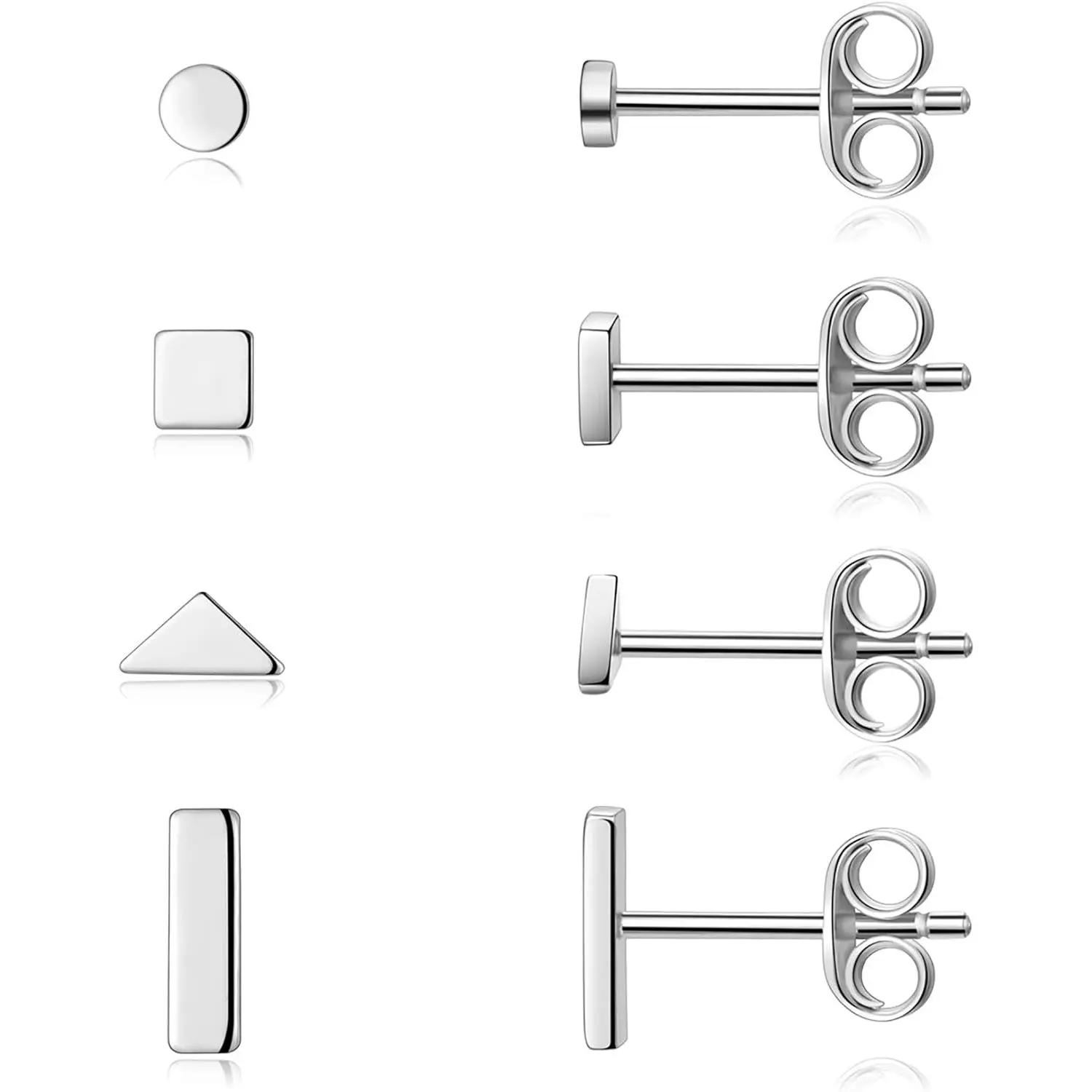 Sterling Silver Stud Earrings for Women Men- 4 Pairs of Hypoallergenic Simple Geometric Small Stud Earring Set Tiny Circle Triangle Square Bar Stud Earrings Mini Cartilage Tragus Earrings