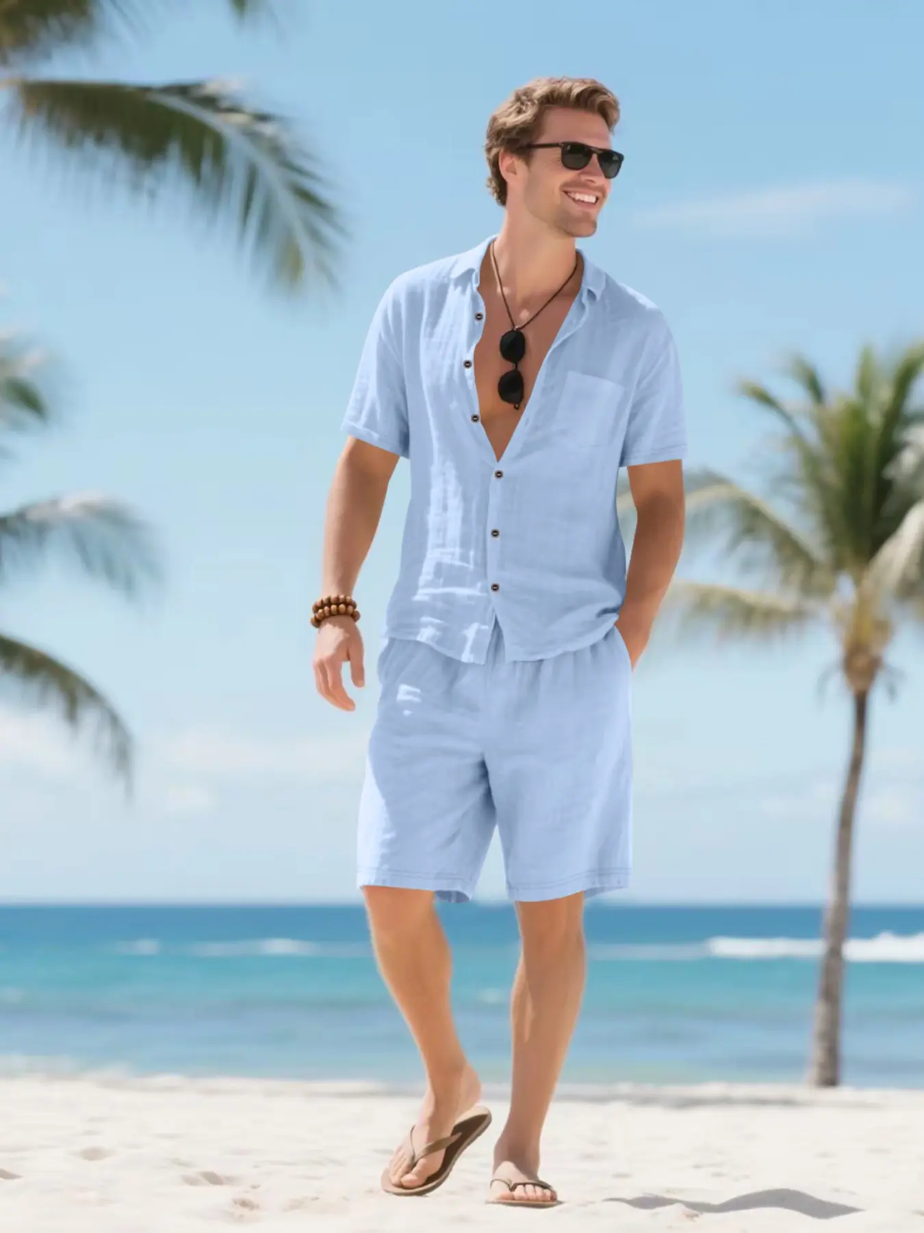 Summer men's linen short-sleeved Collared shirt set, loose, relaxed fit and casual tropical beach 2-piece outfit, breathable, lightweight and comfortable, suitable for beach outings and daily commuting, the perfect gift for him, men's beach clothing