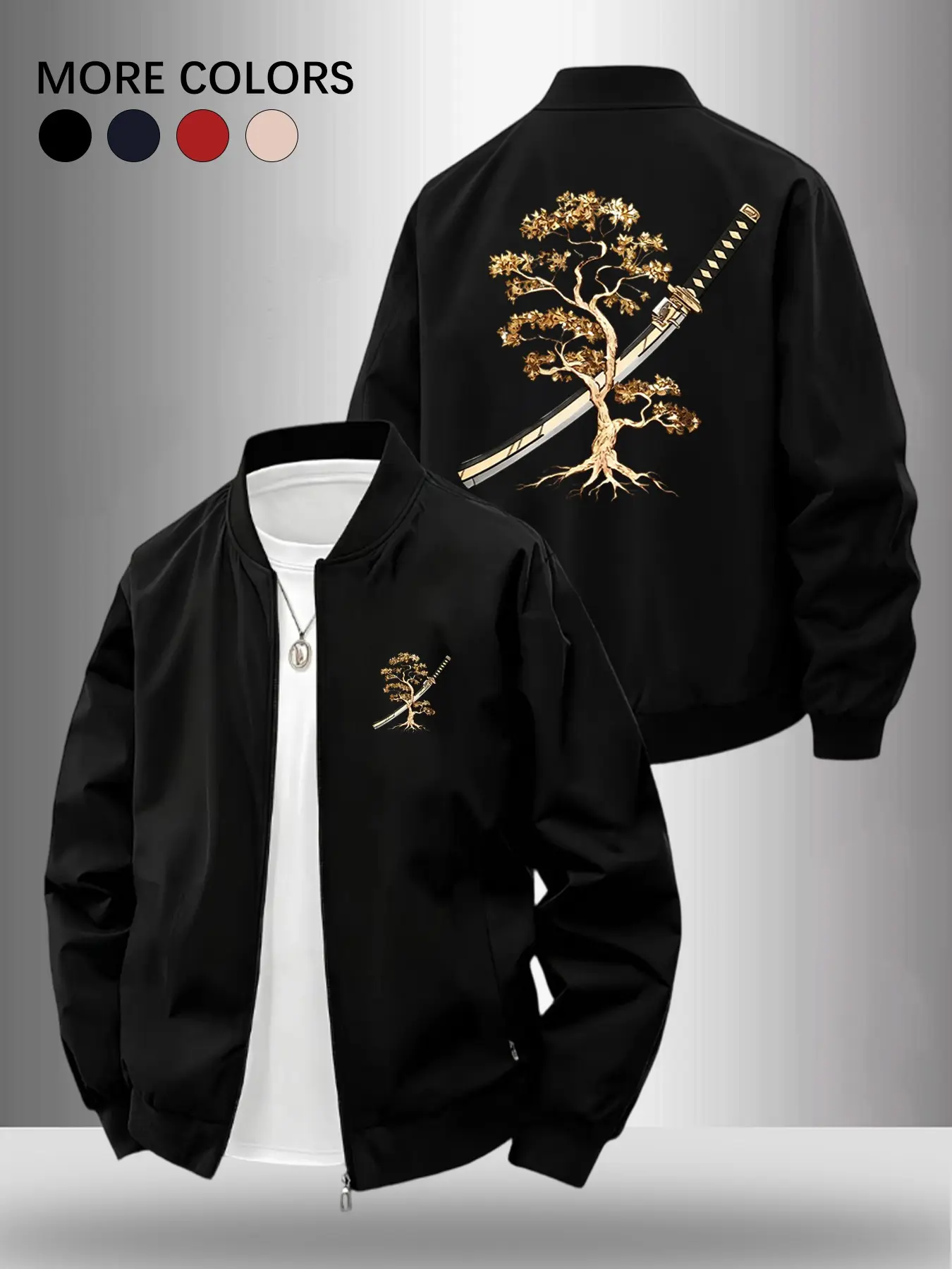 Men's Spring Fall Japanese Samurai Sword Baseball Jacket, Classic Pilot Bomber Jacket, American Style + Eastern Aesthetic, Daily Commute, Streetwear