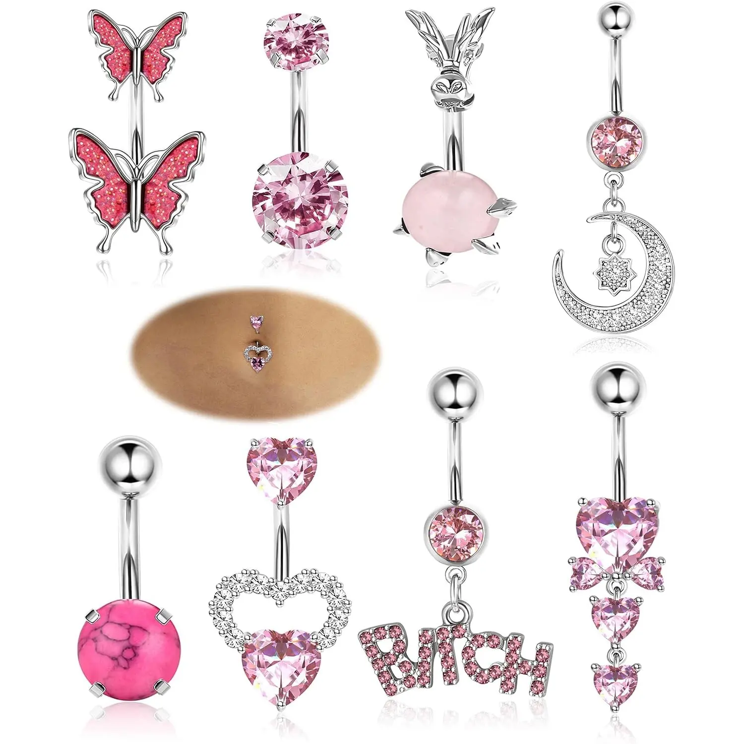 Trendy Belly Button Ring Dangle 14G Surgical Stainless Steel Belly Ring for Women Hypollergenic Cute Pink CZ Heart Butterfly Navel Belly Piercing Jewelry