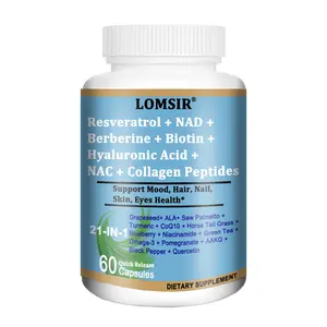 Resveratrol + NAC + NAD + Collagen Peptides + Hyaluronic Acid + Thiamine, Containing Saw Palmetto, Coenzyme Q10, Quercetin, Omega-3 Supplement, Support Mood, Hair, Nails, Eyes Health - 60 Capsules