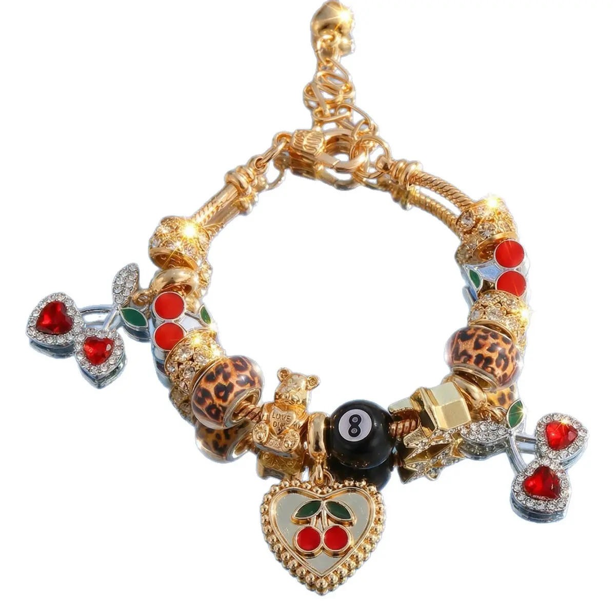 Women's Y2K Cherry Charm Bracelet - Gold Plated Eclectic Bangle With 8-Ball & Leopard Print Beads, Playful Coquette Jewelry For Summer Party, Daily Fun Outfit & Bestie Gift