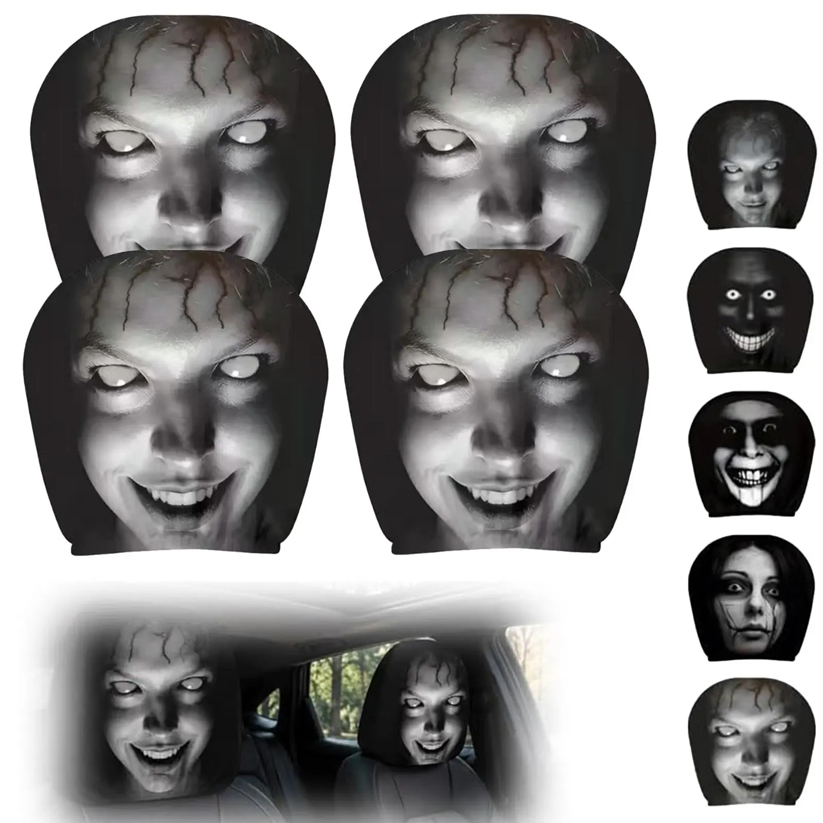 4 Pcs Ghost Face Headrest Covers, Scary Face Printing Auto Seat Universal Elastic Models Headrest Protector  Cover Funny Decoration for Car Interior Vehicle Truck SUV