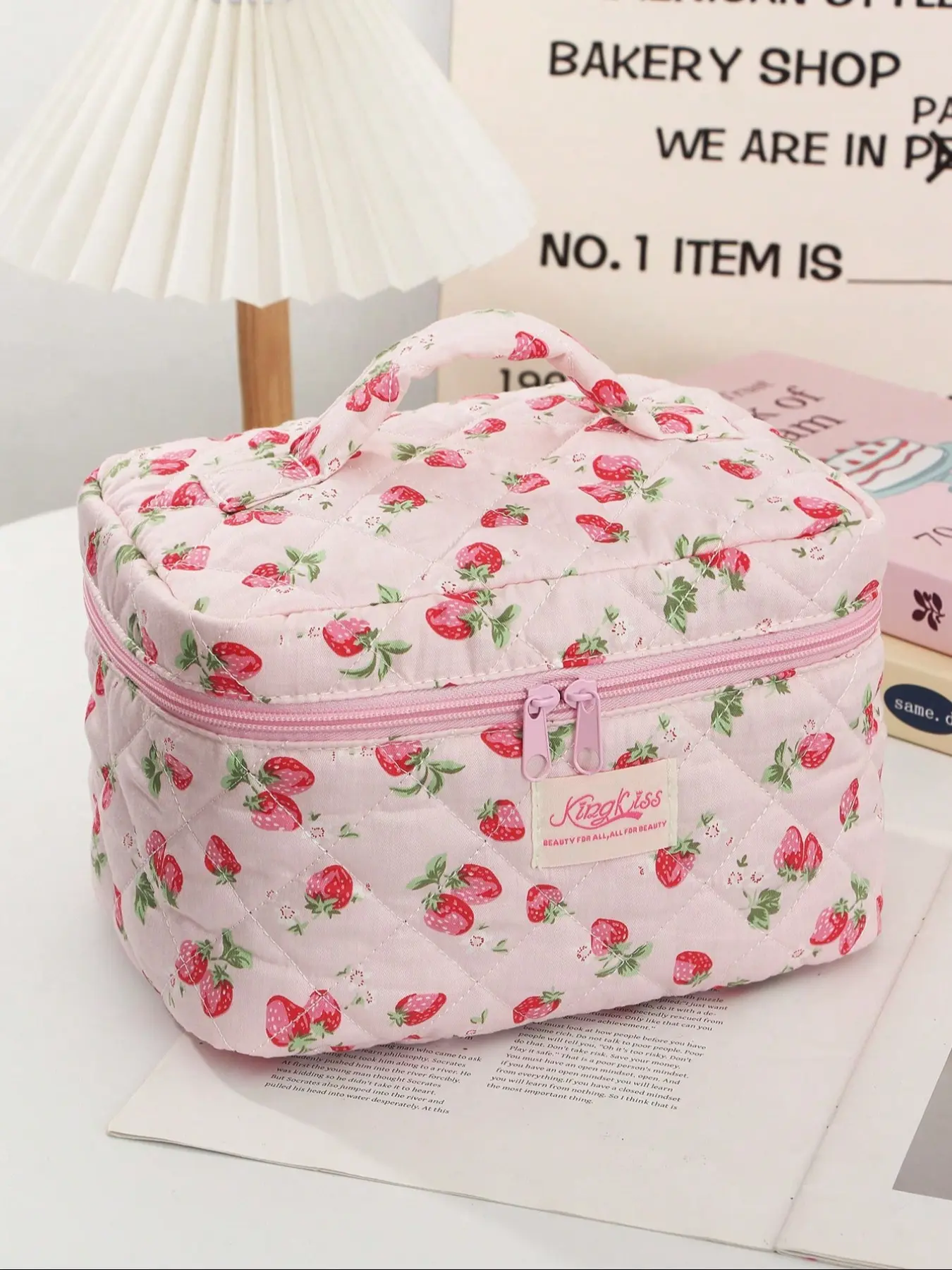 Strawberry Pattern Makeup Bag Set, Large Capacity Fluffy Makeup Bag & Toiletries Bag & Makeup Brush Bag, Portable Cosmetic Storage Bag
