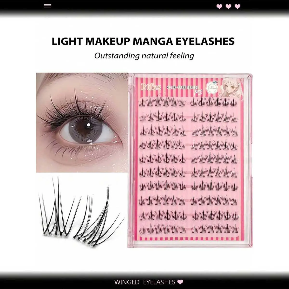 120 Pcs Glue-Free Manga Style False Eyelashes, Self-Adhesive Airy D Curl, Transparent Thin Strip, Natural Look, Reusable, Easy Application, Falsies