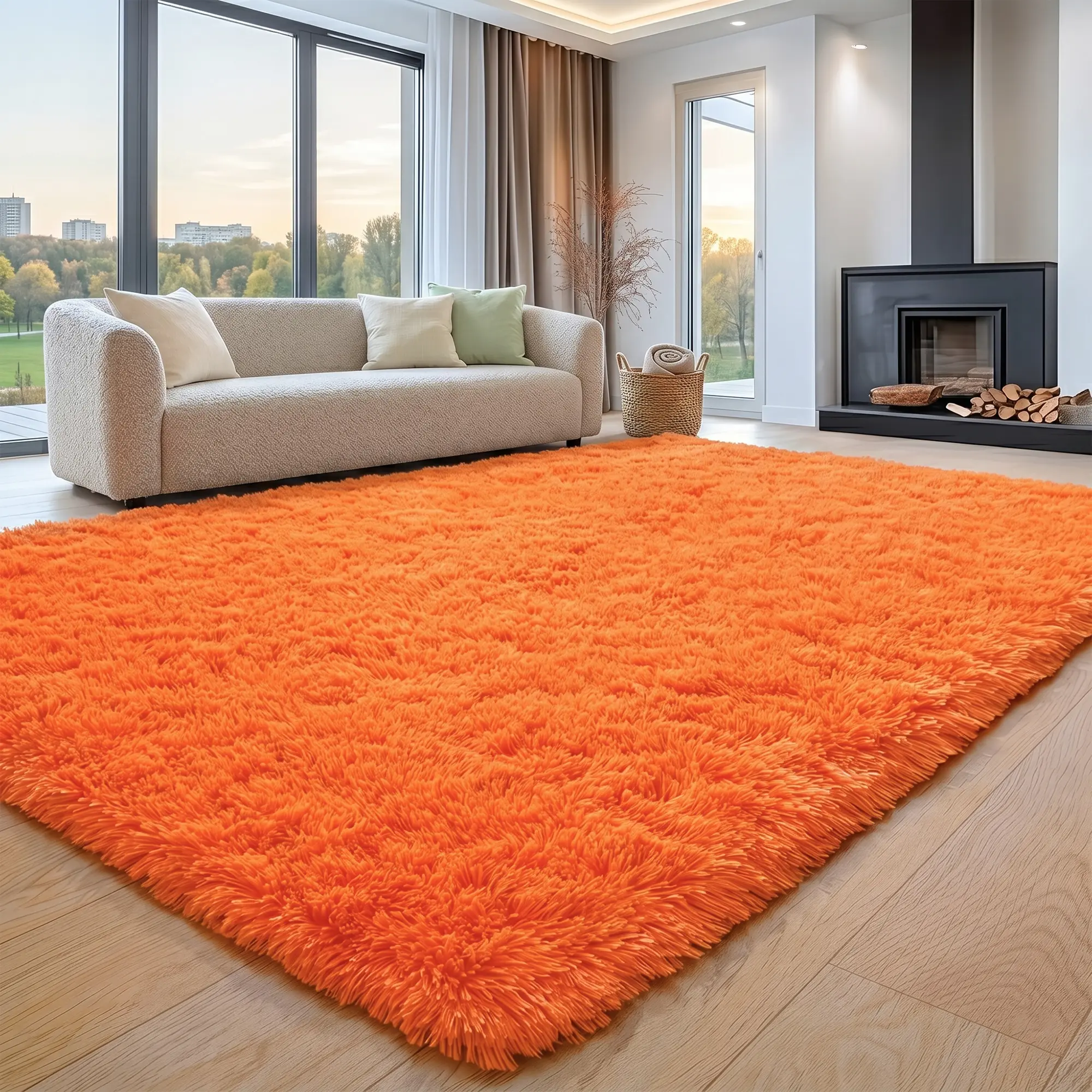 BLIOWL Classic Bright Orange Fluffy Shaggy Rugs - 1.7-inch High-Density Pile, Soft Plush, Non-Slip, Thick Rectangle Indoor Area Rug for Living Room High Traffic Areas, Bedroom Bedside Home Decor, High-Pile