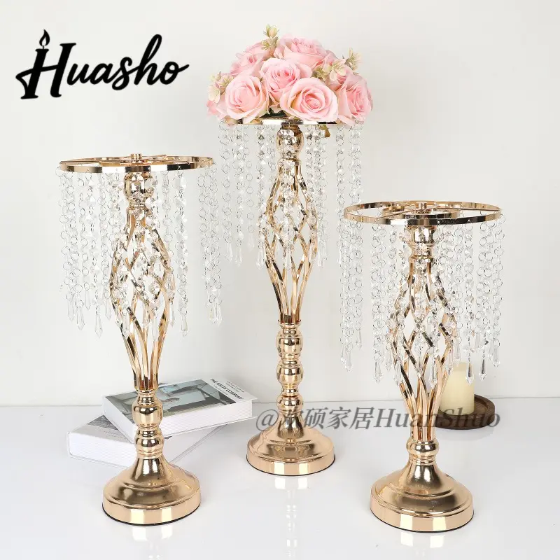 Metal wrought iron flower stand, crystal acrylic hanging bead flower container, gold-plated wedding table centerpiece