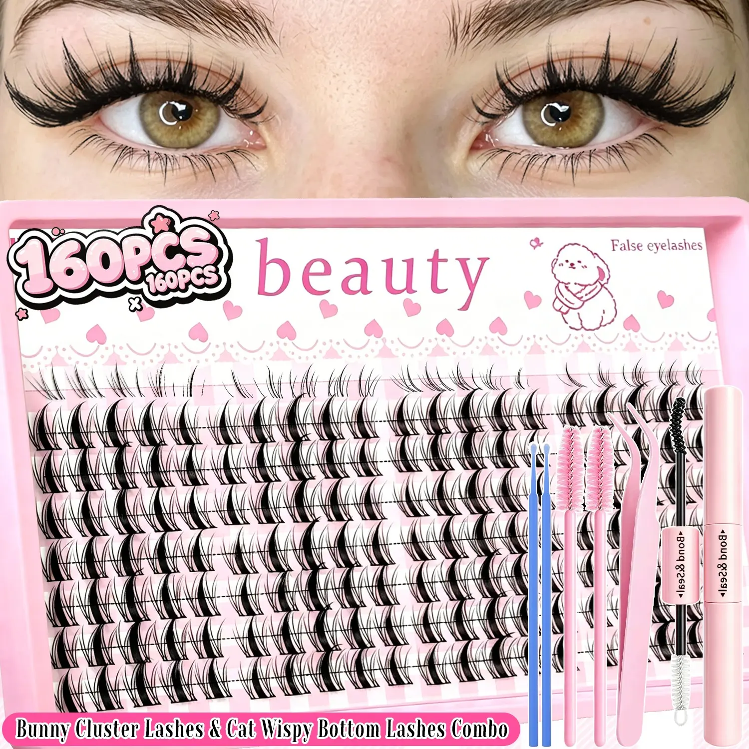 2-In-1 Lash Kit, Natural Lower Lashes + Spiky Bunny Manga Clusters, 160pcs D Curl Soft Wispy DIY Eyelash Extensions, Reusable Anime Style False Lashes