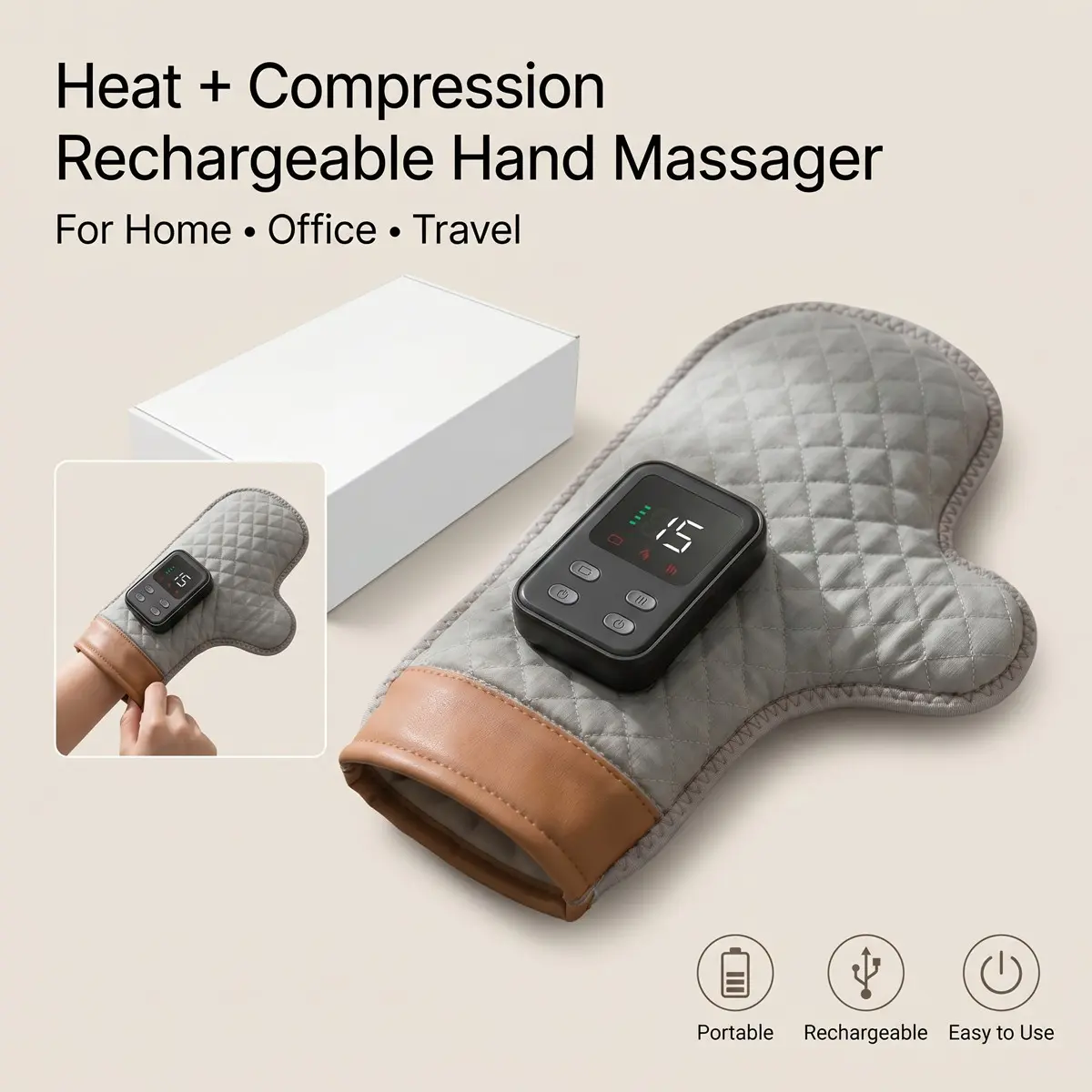 USB Rechargeable Hand Massager Glove, Air Pressure Compression and Heating, Adjustable Multi Mode, Wearable Design for Home and Office