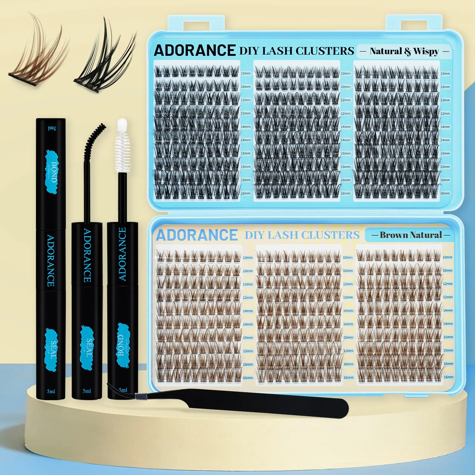 ADORANCE 600pcs 2 Color Lash Clusters Kit DIY Eyelash Extensions Black VM01 + Brown VM01 Natural Wispy Fluffy Cluster Lashes Lightweight Soft Band Lash Set for Beginners Salon Look at Home Includes Lash Applicator Bond & Seal Reusable DIY Lash Kit