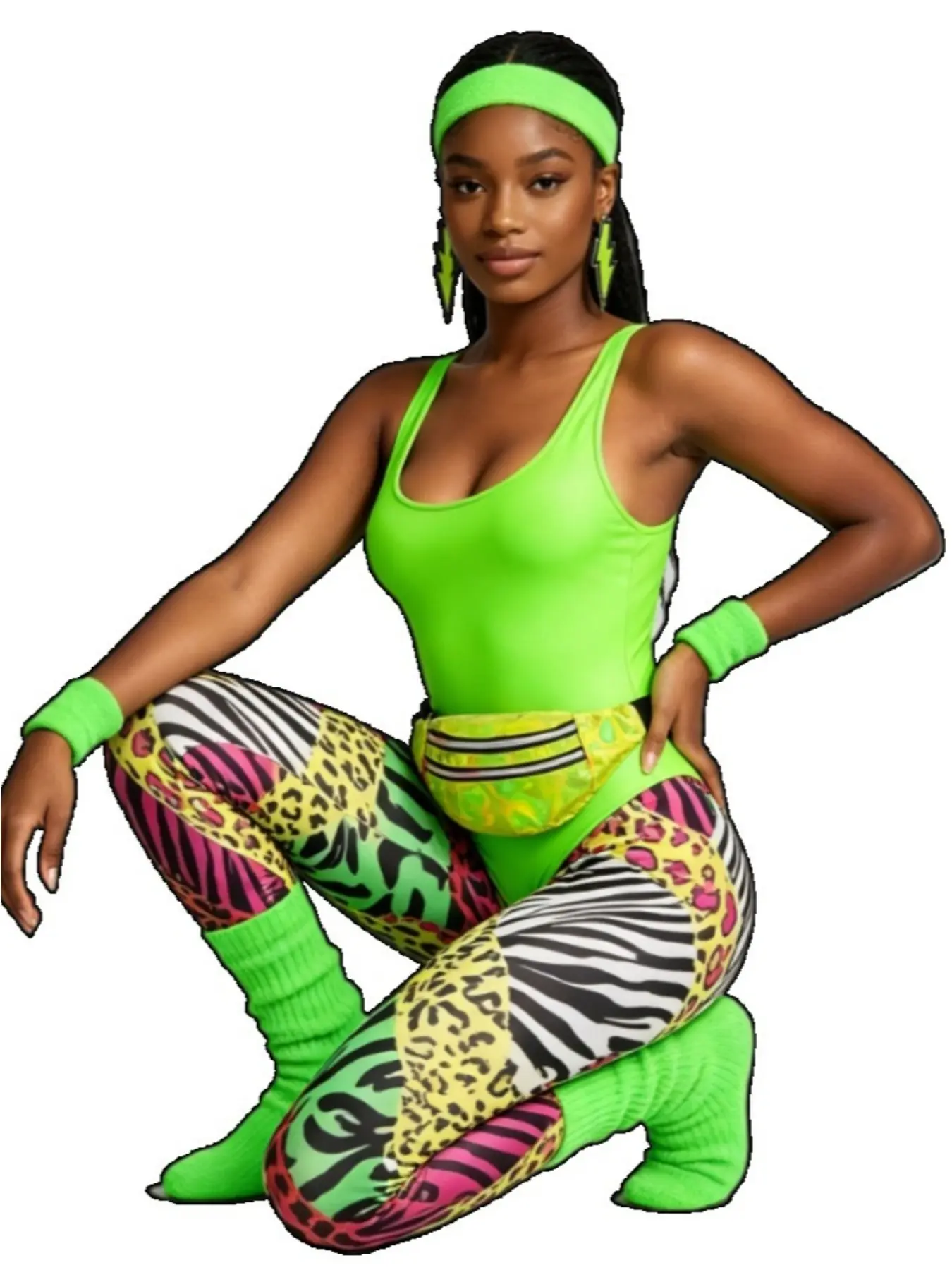 80s Neon Green Women Aerobic Outfit 7-Piece Set for Dance Themed Party Cosplay