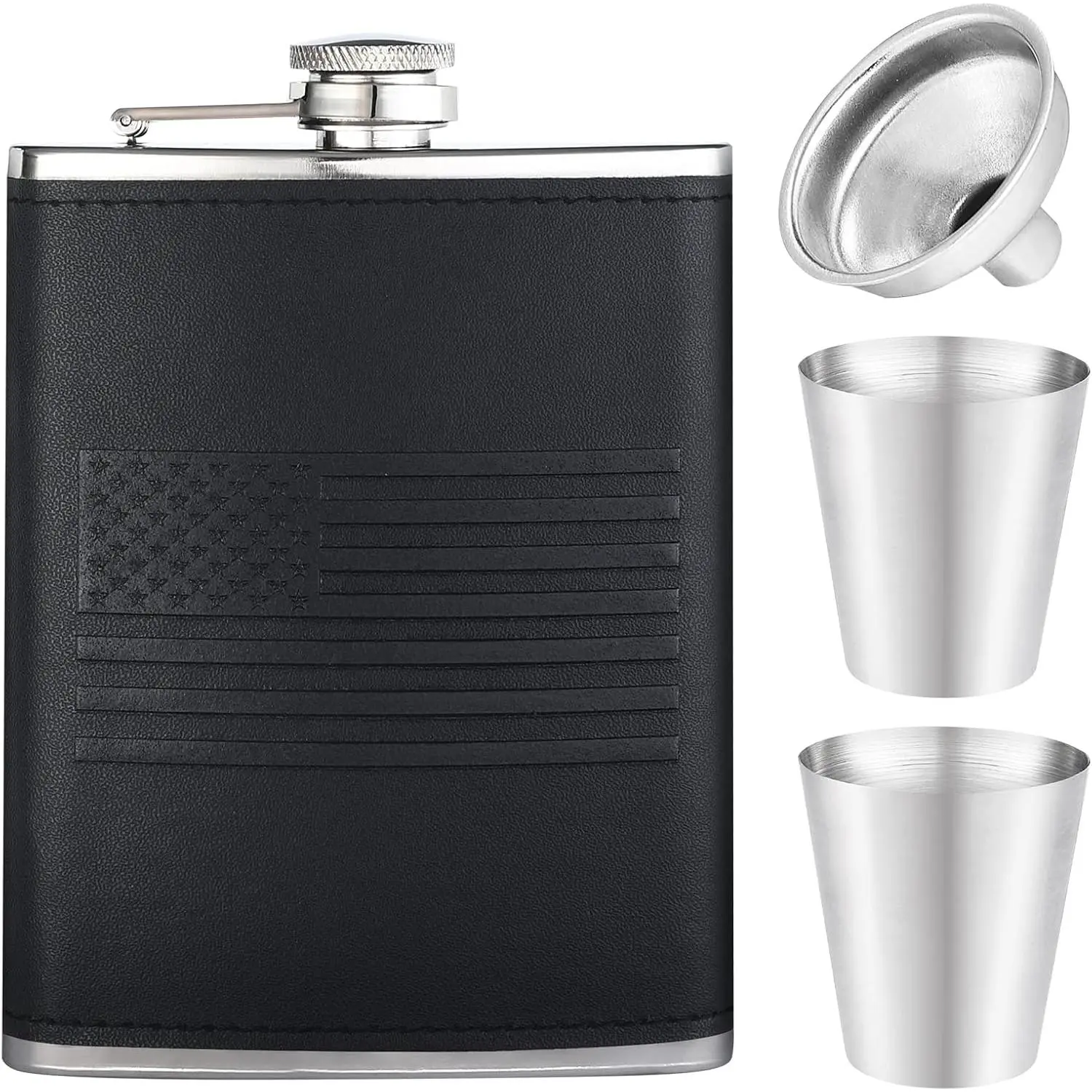 8Oz Black Leather  ​Flag  Flask for  for Men Stainless Steel Leakproof Never-Lose Metal cap,with Funnel and 2 Mini Cups, Drinking Flasks for Wedding Party  Outdoor Activities