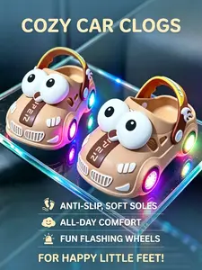 Summer Kids LED Slippers, Cartoon Closed-Toe Big Eyes Car Soft Sole Non-Slip Unisex Sandals, Cute PVC Material, Less Than Ankle Height