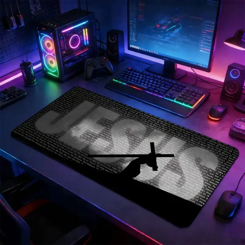 Large Rectangular Jesus Text & Cross Silhouette Computer Mouse Pad, Unisex Non-Slip Rubber Base Desk Matt, Stitched Lock Edge, Devotional Religious Art Design, Durable Gamer Accessory for Home & Gaming Setup, Christian Faith Gift