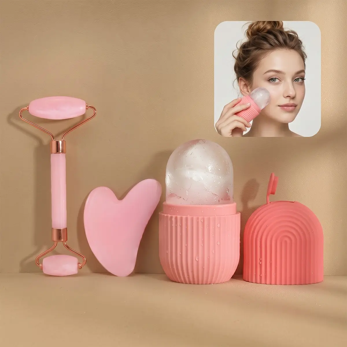 Silicone Ice Mold + Jade Roller Gua Sha Set, Facial Eye Neck Beauty Massage Tool, Soothing Skincare Instrument for Relaxation and Wellness