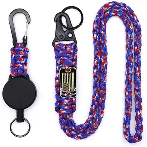A Man's Tools 2 Pcs Retractable Keychain, Heavy Duty Carabiner Badge Holder with Extendable ID Clip Reel, USA Flag Paracord Lanyard, Steel Cable & Parachute Rope Necklace