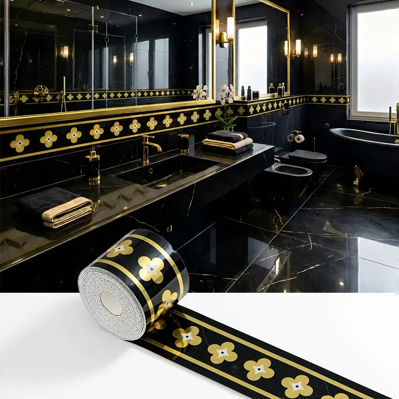 1 Roll Wallpaper Borders ,BLACK /GOLDEN Self-Adhesive Skirting, Peel and Stick Marble Tile Panel Wallpaper,PVC Foam Wall Base for Kitchen, Living Room, Bathroom, Bedroom Corner Decoration, Walls, Doors, Stairs, Cabinet Edge, Floor Wall Protection Strip